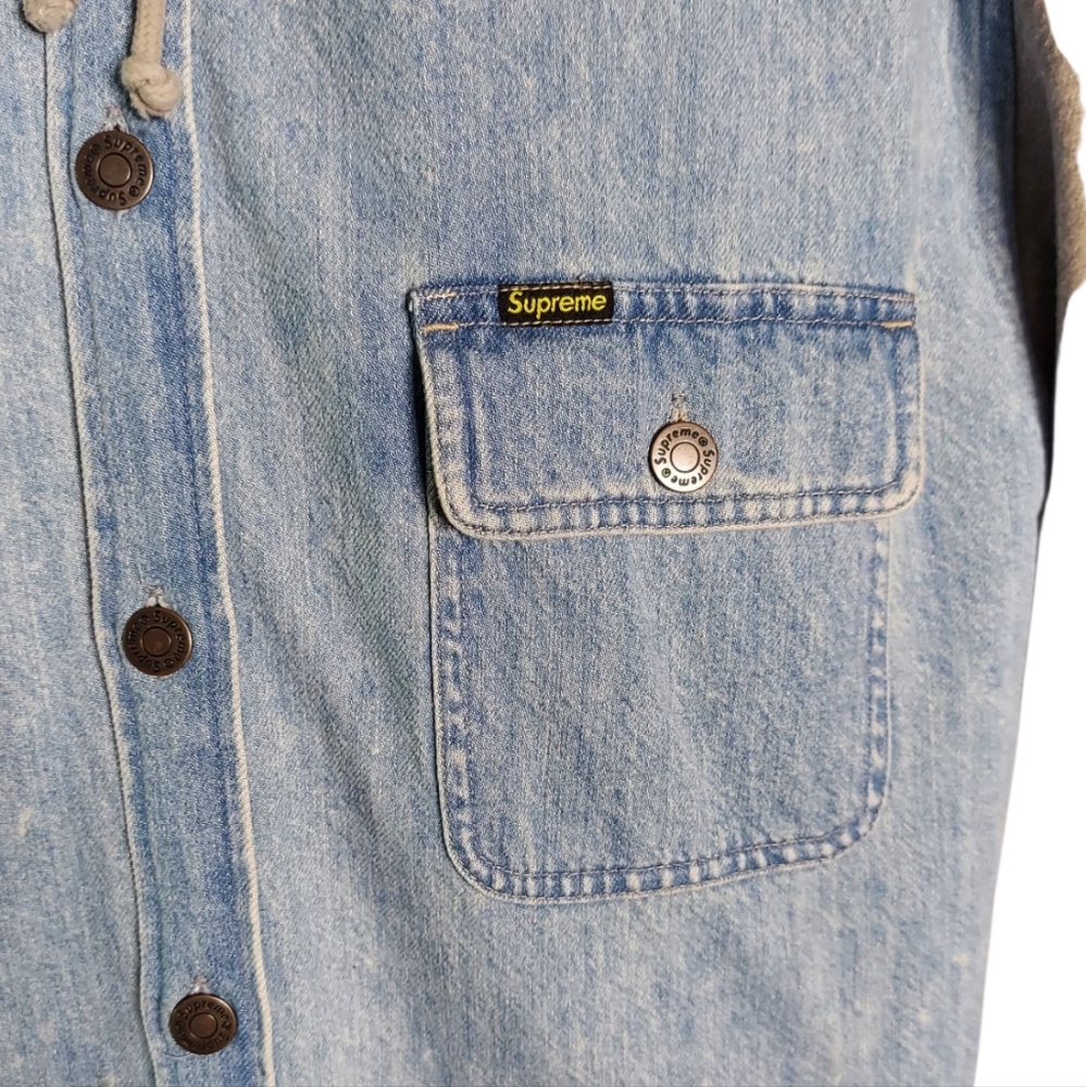 Supreme FW22 | Denim | Button Up | Quilted Fleece | 90s Style Gray Hooded Jacket - Picture 12 of 16